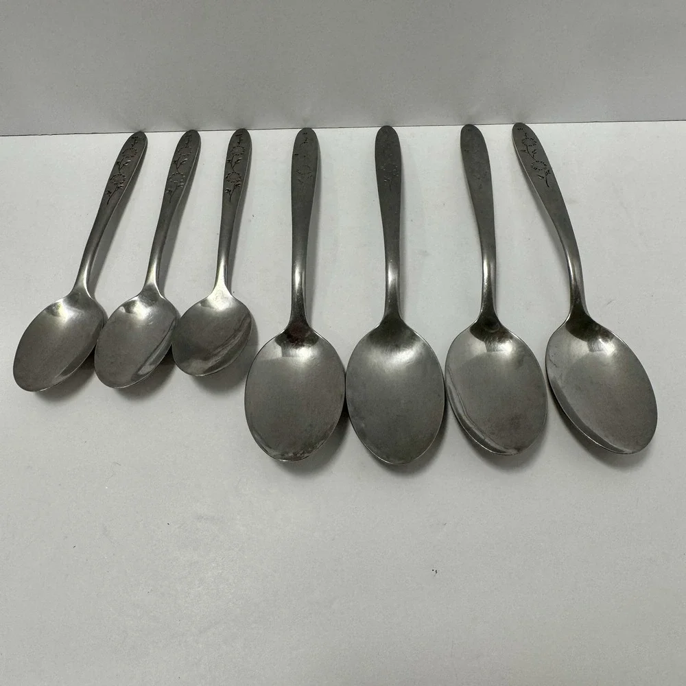 7 Flatware Sears Roebuck Wood Dale Stainless Sunflower 4 Tablespoons 3 Teaspoons